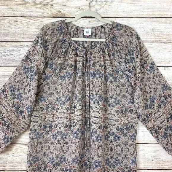 CAbi Sienna Peasant Blouse Floral Sheer Tie Neck - Picture 2 of 11